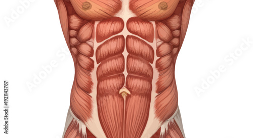 Anatomical illustration of human abdominal muscles, detailed view of abs