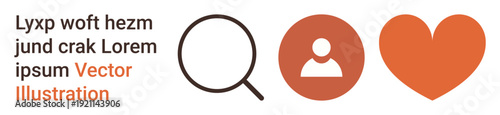 Search tools, user identity, data processing, personalization, software interface, digital solutions. Magnifying glass, person icon heart shape. Search tools and user identity ion