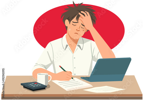 flat illustration of a stressed male worker, depicting burnout and exhaustion during a hectic workday.