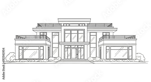 Line art drawing of a modern luxury house with large windows and balconies, featuring contemporary architectural design and landscaping.