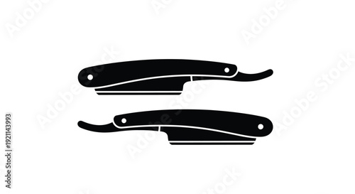 Two black straight razors displayed against a white background silhouette