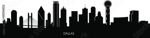 Dallas Texas skyline silhouette with Reunion Tower and Margaret Hunt Hill Bridge, urban cityscape minimalist black vector illustration panorama