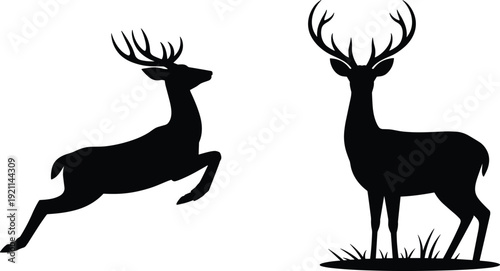 Deer silhouettes, wildlife vector illustration, antlers, leaping motion, standing posture, nature, forest animal, hunting icon, agility, alertness, outdoor, species