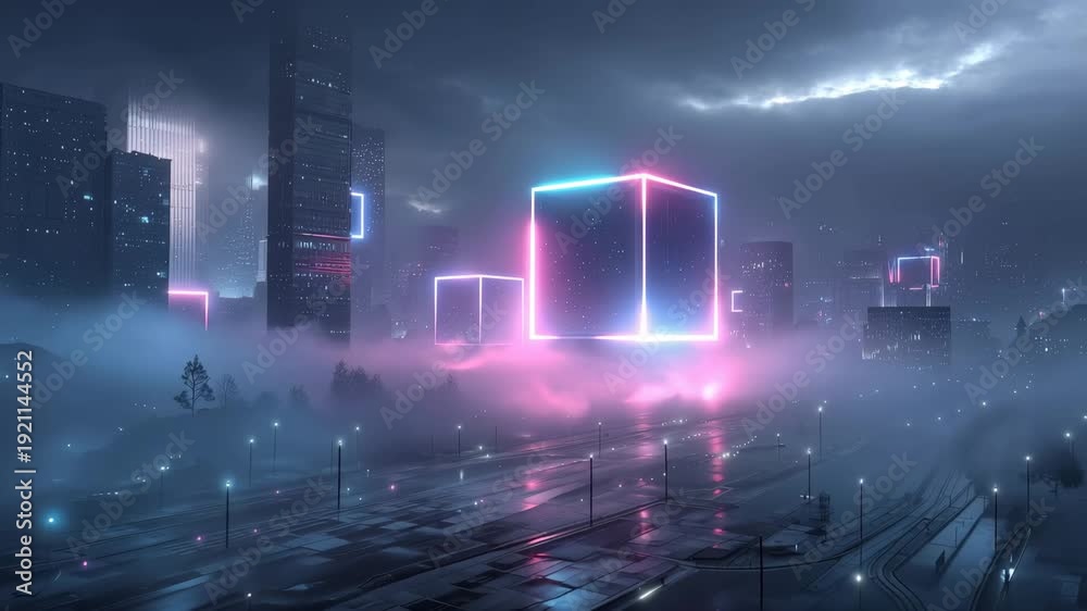 custom made wallpaper toronto digitalCinematic foggy night in a cyberpunk city with neon cubes and skyscrapers futuristic environment aerial view dreamlike concept