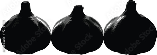 Three Garlic Bulbs Silhouette Vector - Culinary Spice Trio Woodcut Art Illustration