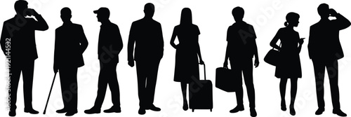 Diverse people, silhouette vector illustration, public setting, communication, travel, business, casual lifestyle, disability inclusion, teamwork, urban life, interaction, society