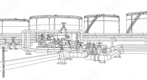 Wireframe drawing of an industrial oil or gas storage facility with tanks and complex piping system.