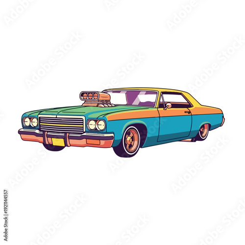 A colorful, vintage car with a large engine on the hood, depicted in a stylized illustration with bold lines and vibrant turquoise, orange, green, and yellow hues against a clean white