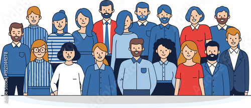 Diverse Business Team Portrait with Smiling Employees Standing Together, Corporate Staff Group Illustration in Flat Style Vector Design