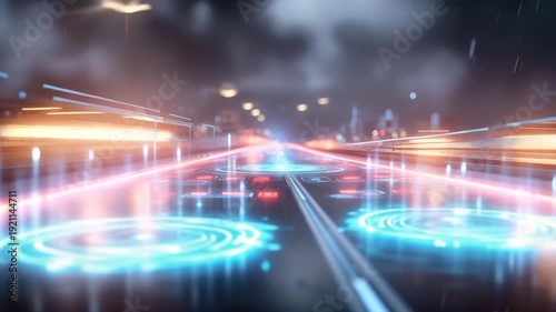 Futuristic holographic highway experience urban city digital art nighttime rainy atmosphere dynamic interface animation