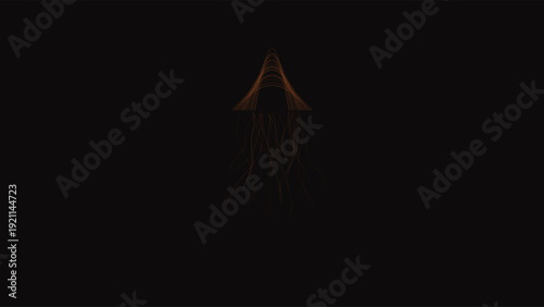 Flowing light trails and fiber optics design with glowing abstract triangle shape, isolated on dark background, minimalist composition