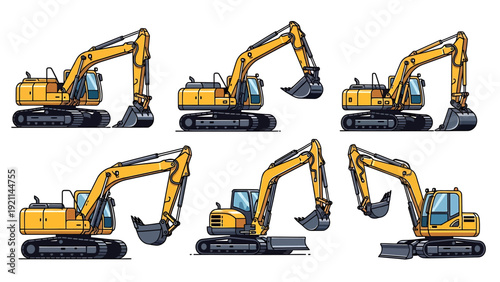 Multiple Yellow Excavators in Various Positions.