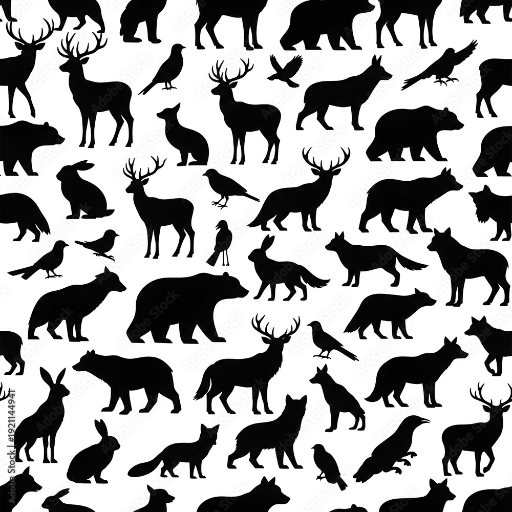 Fototapeta premium Seamless Pattern of Wild Animal Silhouettes on White Background 1.