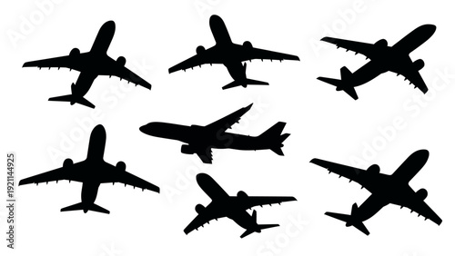 Multiple Airplanes Flying in Formation Silhouettes.