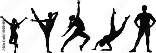 Dynamic dance, fitness, gymnastics, silhouette vector illustration, active people poses, flexibility, strength, exercise, workout, performance art, movement, lifestyle, sport