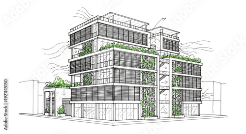 Architectural sketch of a modern green building with vertical gardens and natural ventilation.