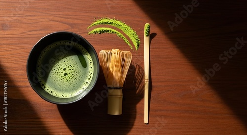 Japanese Matcha Green Tea Ceremony Set with Whisk and Bowl on Wooden Surface