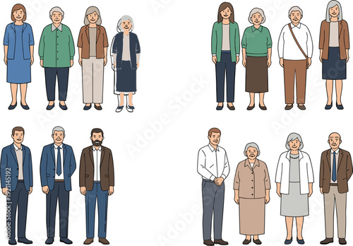Senior Men and Women Standing in Groups, Elderly People Community Portrait Collection with Different Outfits Vector Illustration