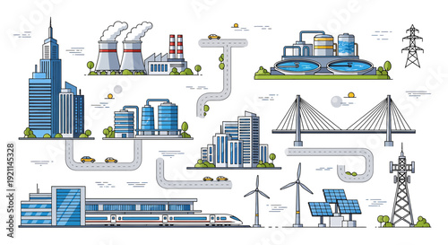 Modern city infrastructure and industrial elements illustration featuring skyscrapers, factories, power plants, bridges, train station, wind turbines, and solar panels.