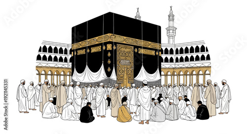 Vector illustration of pilgrims gathered around the Holy Kaaba at Masjid al-Haram in Mecca, performing Tawaf during Hajj or Umrah pilgrimage.