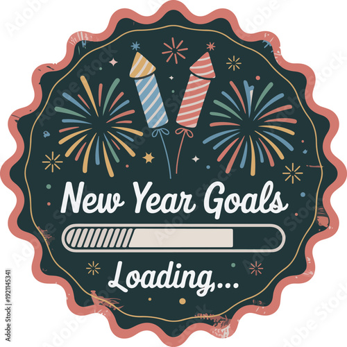 New year goals loading progress bar with festive fireworks and rocket rockets