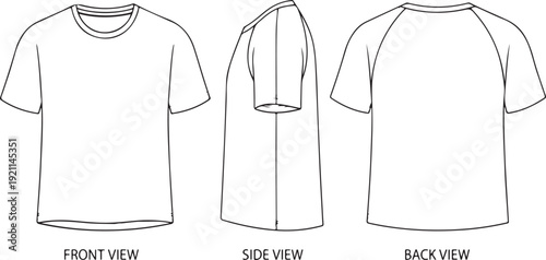 T-shirt Technical Sketch Vector Template with Front Side and Back View Outlines