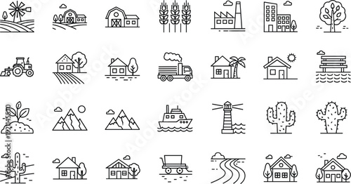 Extensive set of black line art icons featuring rural landscapes farm buildings city houses industrial factories mountains and coastal landmarks for map design and travel branding.