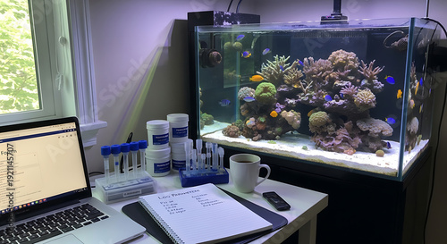 Productive morning workspace with marine aquarium and water testing kit by window
