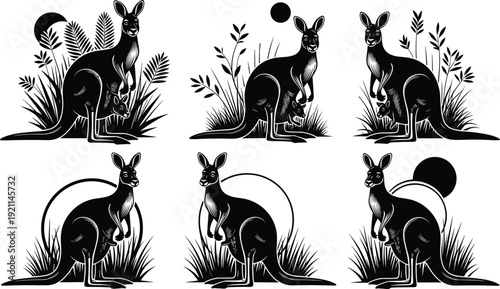 Black kangaroo silhouettes collection with joey in pouch Australian wildlife vector illustration isolated on white background