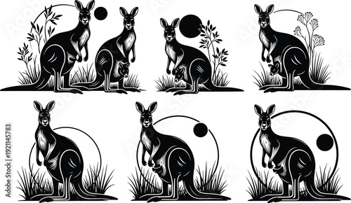Black kangaroo silhouettes set with joey in pouch Australian wildlife nature vector illustration isolated on white background