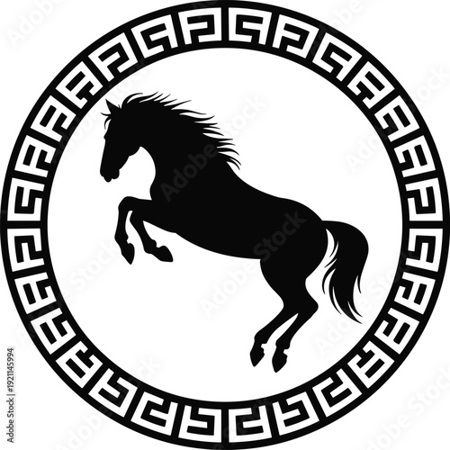 Black horse silhouette in Greek key circular border minimalist logo design vector