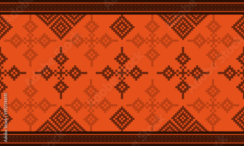 Seamless orange tribal carpet pattern with geometric ethnic ornaments and decorative borders, inspired by traditional woven rugs.