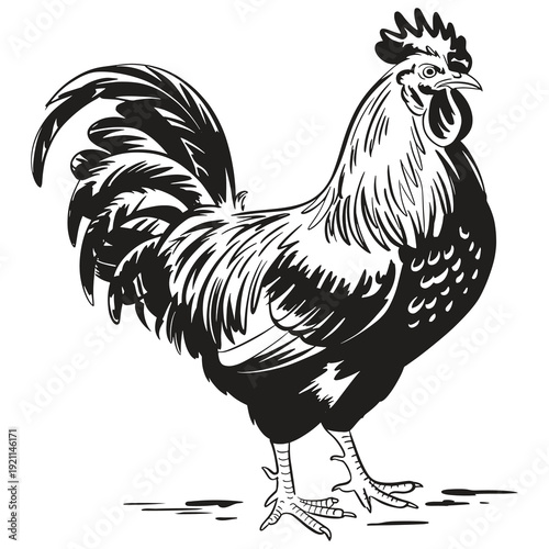 Black and white illustration of a rooster standing on ground with feathers and comb  farm animal  poultry
