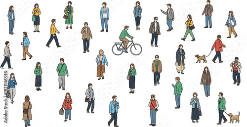 Urban People Walking and Standing Collection with Casual Men and Women Characters, Street Lifestyle Activities and City Crowd Vector Set
