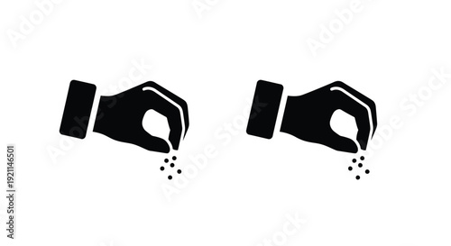 Two hands scattering seeds a simple black graphic silhouette