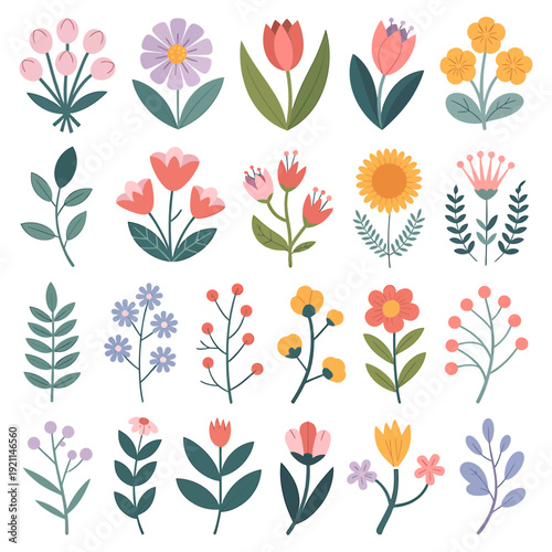 A collection of colorful flowers and leaves SVG