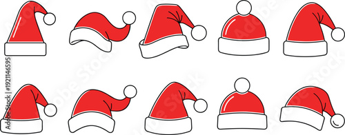 Set of Red Santa Claus Hats Collection with Different Angles and Styles, Christmas Holiday Costume Accessory Vector Illustration
