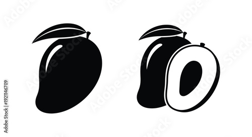 Two mangoes one whole and one halved in black silhouette