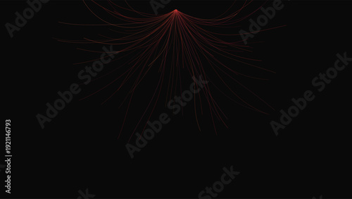 Flow lines and fiber optics with vibrant red light trails radiating from a central point on a dark background, dynamic composition