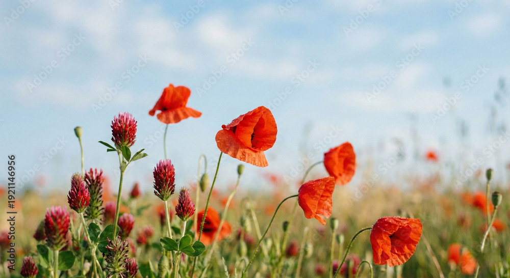 Obraz premium Vibrant red poppies and crimson clover flowers bloom in a lush green meadow under a serene blue sky with white clouds on a sunny day in summer