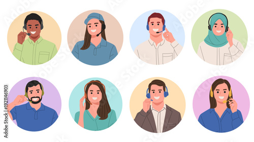 vector illustration set of diverse customer service representatives wearing headsets and microphones. Ideal for websites, apps, contact pages, customer support sections, and business presentations.