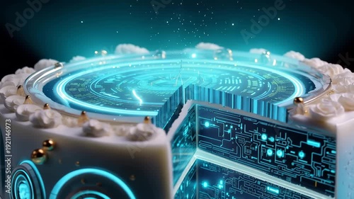 Futuristic cyberpunk cake reveal in neon city food art high-tech environment close-up view digital innovation