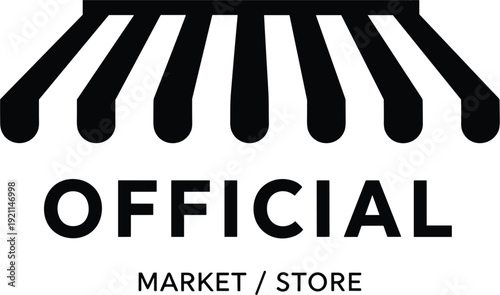 Minimalist black and white logo design for official market or retail store featuring a classic striped awning symbol and bold typography.