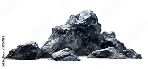 Assortment of dark gray and black rocks with subtle white highlights and sandy base isolated on transparent background for architectural visualizations and natural scene compositions