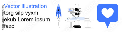 Innovation, robotics, healthcare, modern technology, social interaction, space exploration. Rocket launching, robotic surgery setup and heart in a blue speech bubble. Innovation and robotics concept