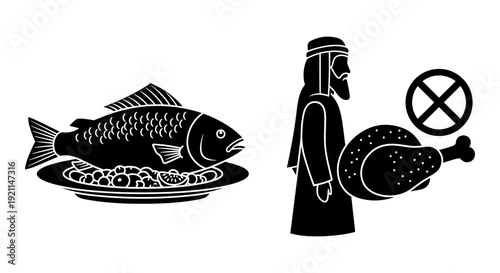 Ancient symbolism featuring fish, roasted bird, and prohibition iconography on a plate and staff