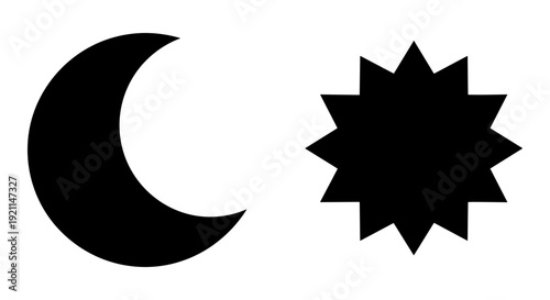 Contrast between a crescent moon and a star-shaped symbol in minimalist black and white design
