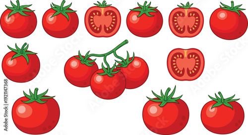 Collection of red tomatoes whole and halved on transparent background vector art