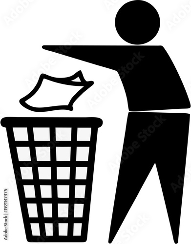 Person throwing trash into a bin simple pictogram for recycling and waste management clean environment concept isolated on white