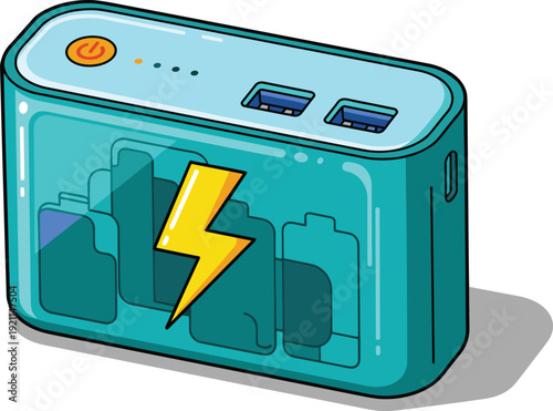 Transparent power bank with batteries and lightning symbol indicating energy charge